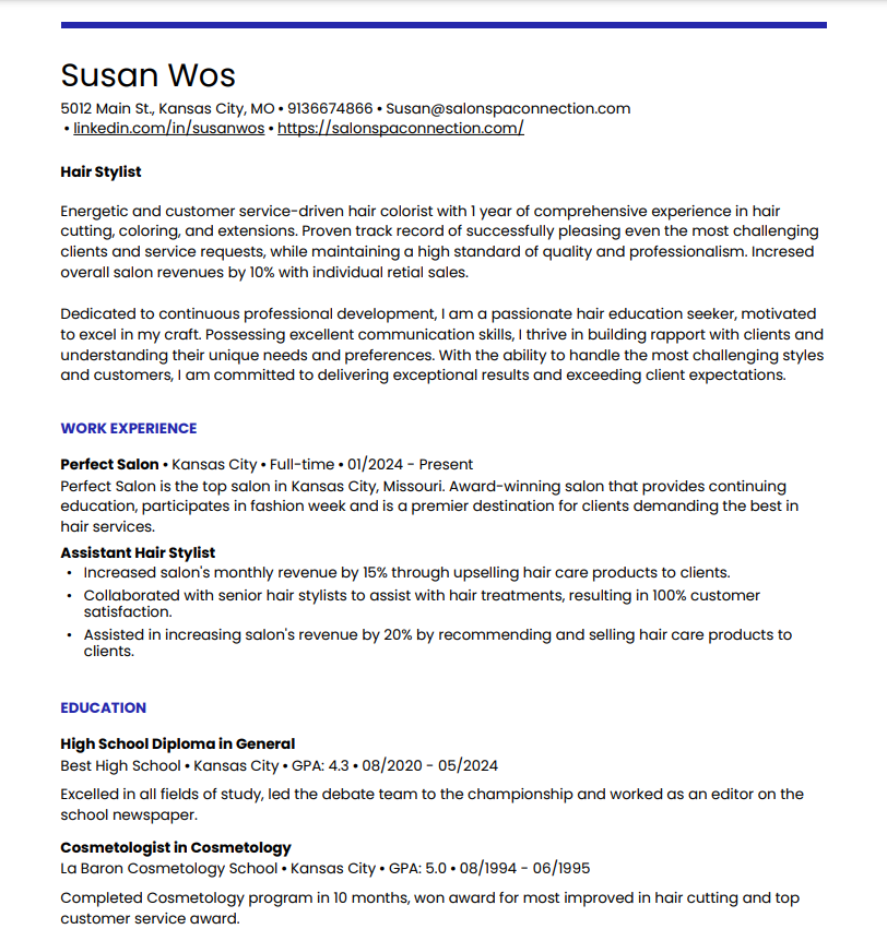 example of a hair stylist resume